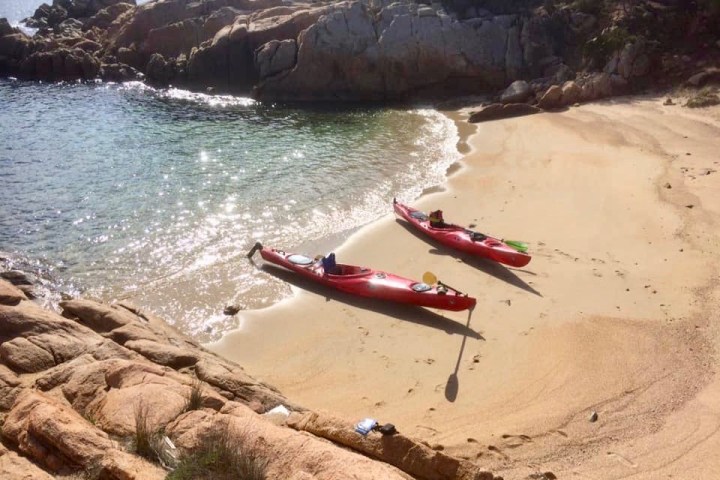 a group of people on a rocky beach