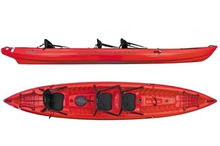 Red tandem kayak shown from side and top views.