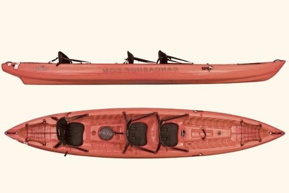 Red tandem kayak, side and top view, with two seats and gear straps.