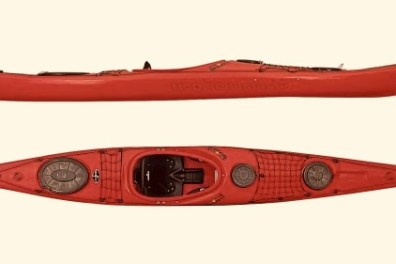 Top and side view of a red kayak on a pale background.