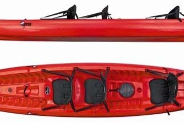 Red tandem kayak shown from side and top views.