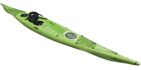 Green kayak with a seat, storage hatch, and bungee cords.