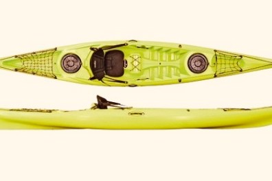 Top and side view of a yellow kayak on a light background.