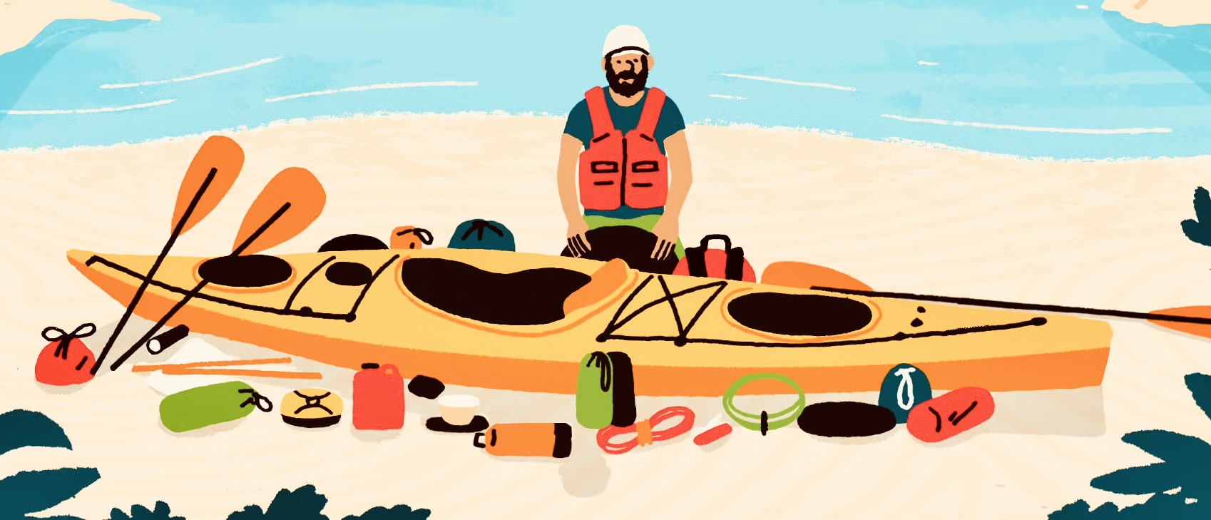 Person in a life vest with kayak and gear on a beach.