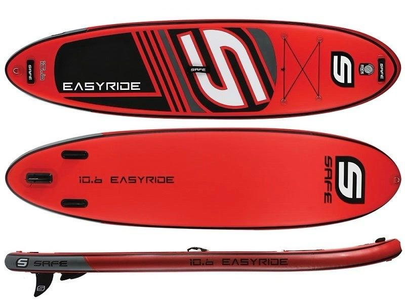 Red inflatable paddle board with 'EASYRIDE' and 'SAFE' logos.