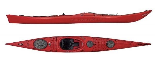 Red kayak shown from side and top views on a white background.