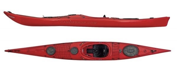 Red kayak shown from side and top views on a white background.