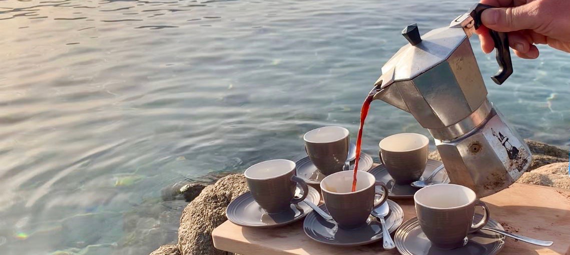 a cup of coffee and water