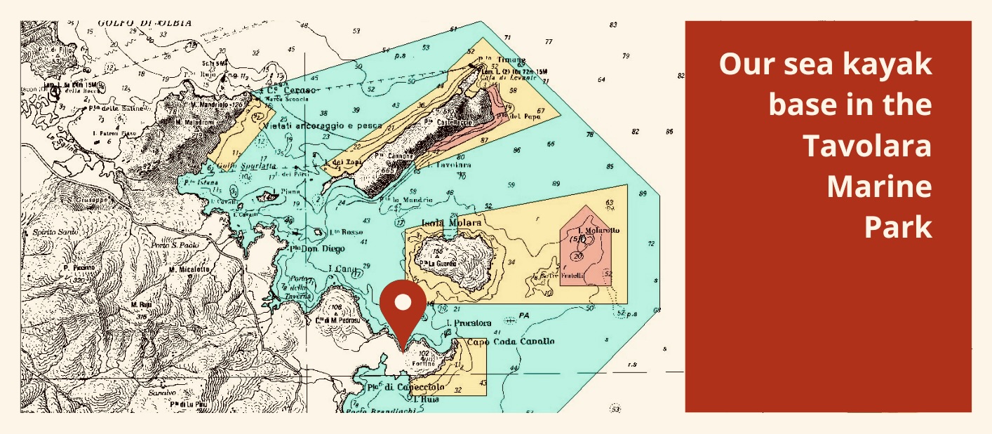 Map of Tavolara Marine Park with an orange marker and text: 'Our sea kayak base in the Tavolara Marine Park.'