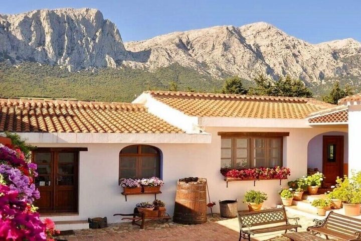a building with a mountain in the living room