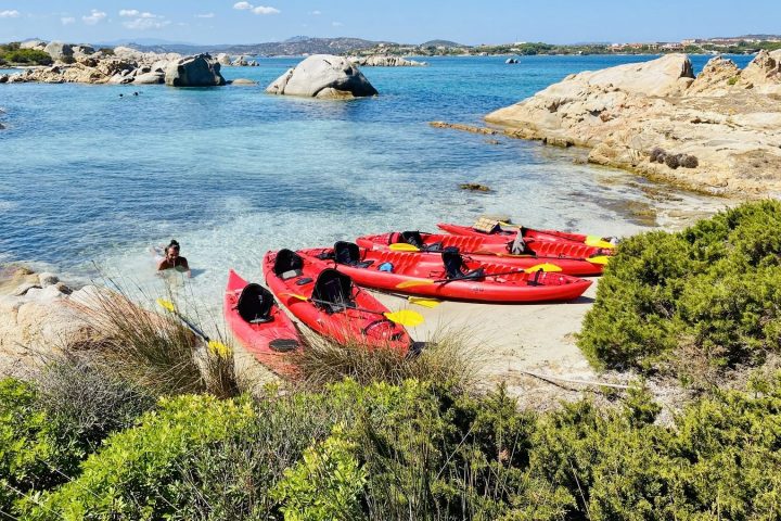 Red kayaks on a rocky beach with a person swimming nearby.