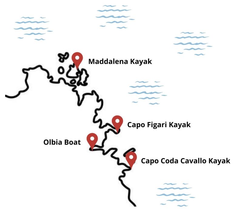 Map showing locations: Maddalena Kayak, Capo Figari Kayak, Olbia Boat, Capo Coda Cavallo Kayak.