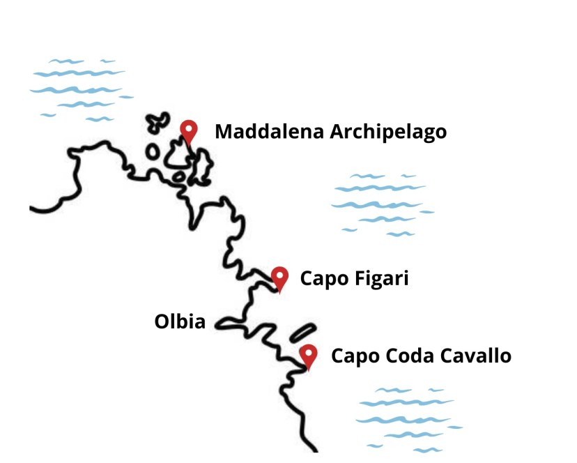 Map highlighting Maddalena Archipelago, Capo Figari, Capo Coda Cavallo near Olbia.