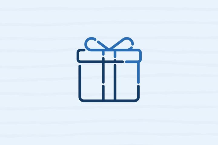 Simple outline of a gift box with a bow on a light striped background.